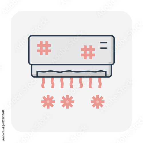 Broken and dirty air conditioning indoor unit vector icon in thin outline style, illustrating malfunctioning AC system. Represents cooling problems, low efficiency and need for cleaning, repair.