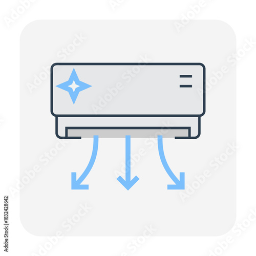 Clean air conditioning unit vector icon, cool air flowing evenly from AC unit, representing fresh air, proper HVAC maintenance, cooling performance, climate control and energy efficiency.
