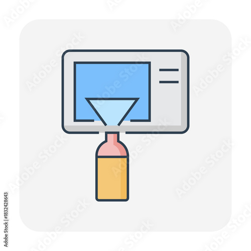 Air conditioner cleaning vector icon, foam spray applied to condenser coil to remove dust and dirt. Illustrates HVAC maintenance, improving cooling performance, airflow efficiency and energy savings.
