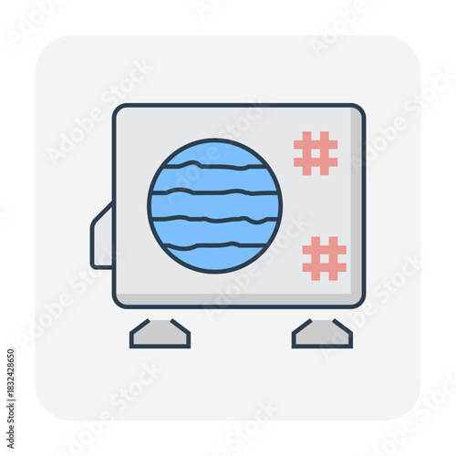 Air condenser unit vector icon in thin black outline, old dirty outdoor AC unit on support. Ideal for illustrating HVAC system issues, low cooling efficiency, poor heat ventilation, need maintenance.