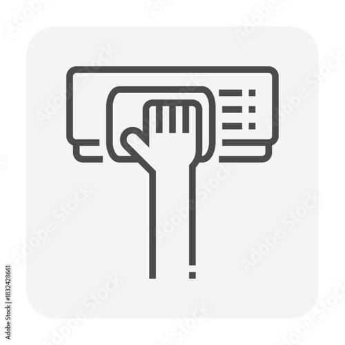 Air conditioner indoor unit cleaning vector icon. Hand wiping evaporator indoor unit, representing AC cleaning, HVAC maintenance for cooling efficiency, healthy airflow and energy savings.