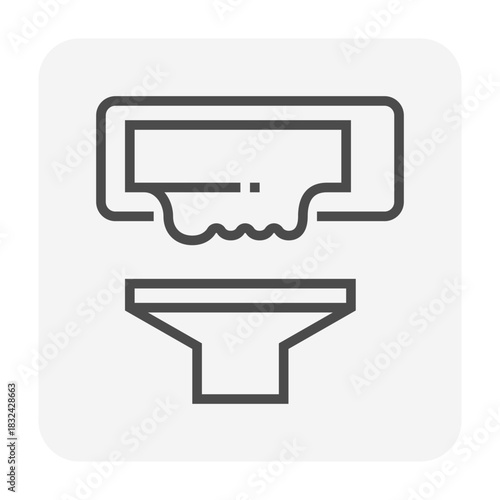 Air conditioning indoor unit washing vector icon, water dripping from evaporator coil into cleaning tray. HVAC maintenance for removing dirt and germs, improving air quality and healthy breathing.