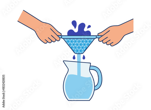 Two Hands Holding Strainer Filtering Dark Blue Liquid Into Glass Pitcher With Light Blue Water Against Black Background Flat Vector Illustration