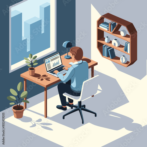 Man working remotely on laptop at desk in modern home office with city view