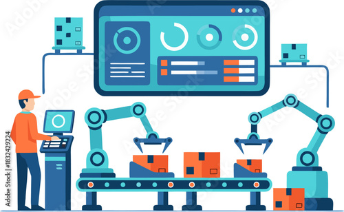 Factory worker overseeing automated production line with robotic arms and digital dashboard