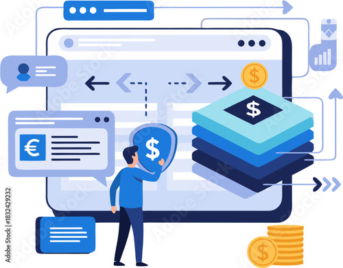 Man interacting with digital finance interface showing data flow and currency exchange