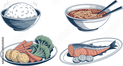 Illustrated set of Asian food dishes featuring steaming rice, noodle soup, fresh vegetables, and grilled fish, detailed hand-drawn style artwork