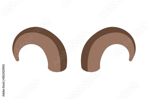 Brown curled ram horns. Flat vector cartoon illustration for zodiac Aries, farm animals or fantasy character design