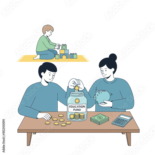 Parents Saving for Childs Education Fund with Jar and Coins.