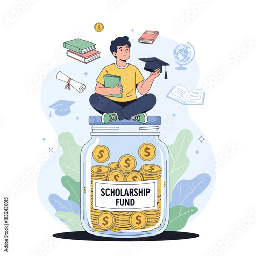 Student Sitting on Scholarship Fund Jar with Books and Graduation Cap.