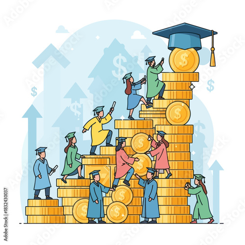 Graduates Climbing Stacks of Gold Coins Towards Higher Education.