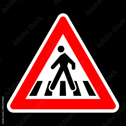 Warning traffic sign showing a pedestrian crossing symbol inside a red triangular frame