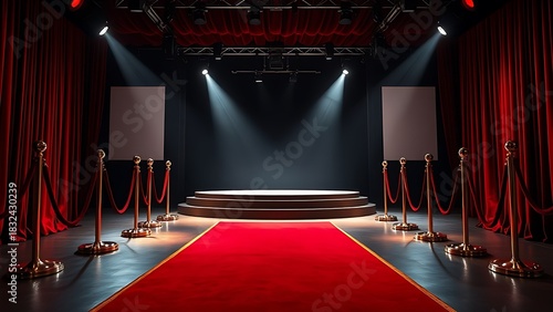 tunicle. Empty award podium on red carpet with velvet ropes, ceremonial space with soft lighting. event programs, museum guides, designed for cultural heritage projects and event programs.