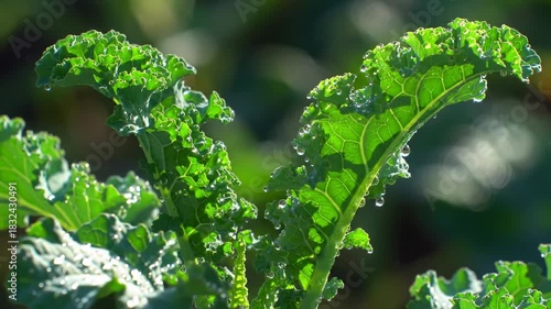 Kale leaves with water droplets in sunlight, showcasing healthy plant life, for food articles
