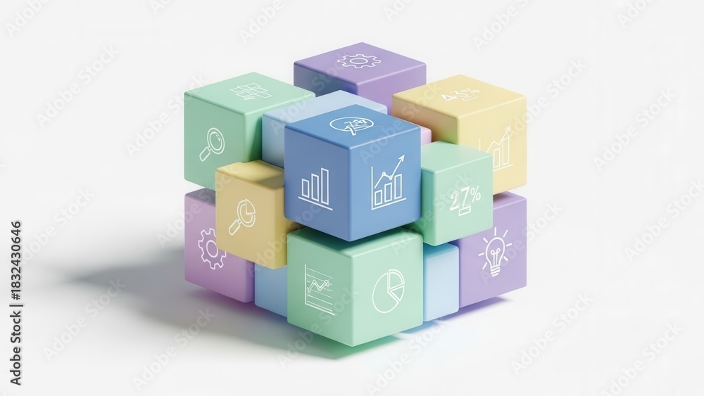 Obraz premium Conceptual 3D render of data driven analysis cube showing business growth and information