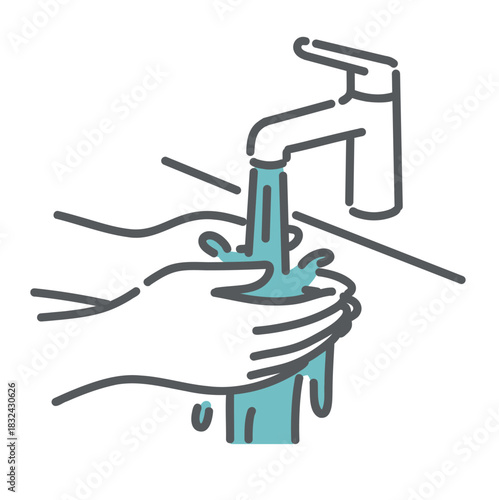 手洗いの手順、水道の水で手をすすぐイラスト（水洗い・洗浄）