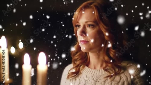 Woman watches falling snow near candles in a warm room; used for holiday advertising
