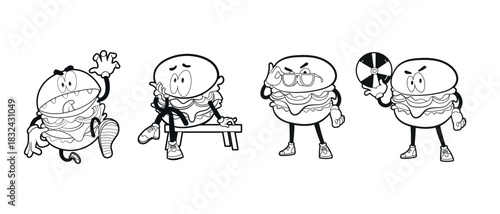 Wacky lowbrow burger characters in clean lineart style showing fun expressive poses ideal for sticker packs apparel prints merchandise branding outlines monochrome art and creative illustration themes
