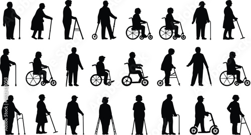Elderly Mobility Aid Silhouette Set – Diverse Icons of Seniors Using Canes, Walkers, Wheelchairs, and Rollators for Accessibility and Healthcare Design