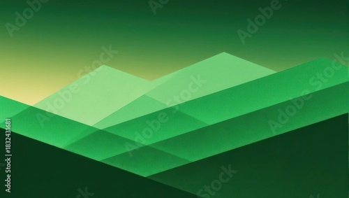 Abstract Green Mountain Landscape with Geometric Shapes and Gradient Sky.