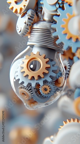 A lightbulb filled with gears, representing ideas and innovation. The gears are various colors and sizes. The background is blurred, creating a sense of depth a