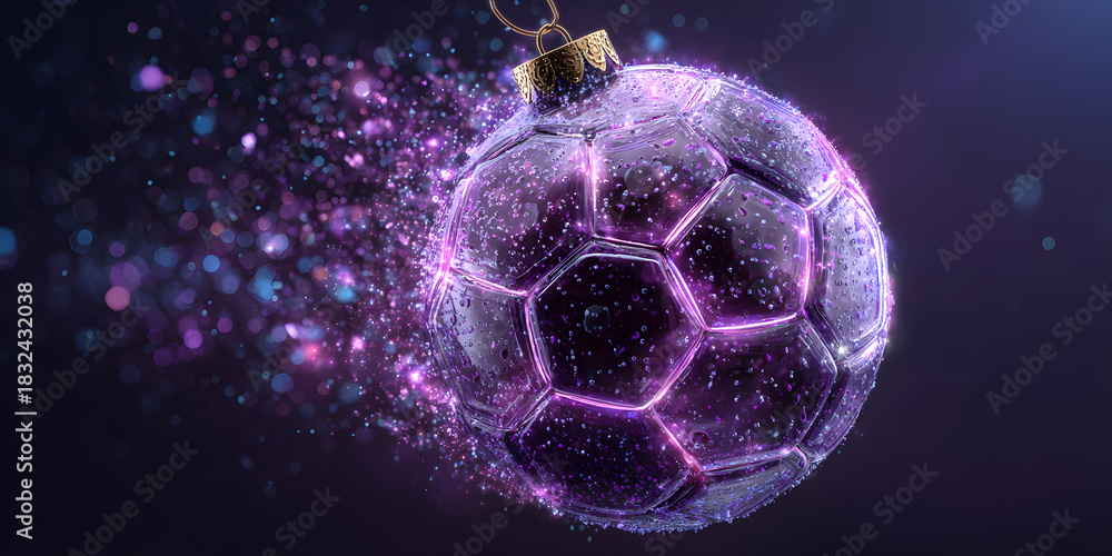 Fototapeta premium Football or Soccer Christmas and New Year sport banner. Merry Christmas tech greeting card with xmas ball as a bauble on purple neon background. Vector illustration