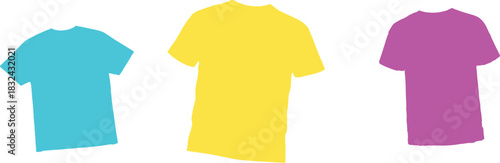 The image features a visually appealing arrangement of three T-shirts, each showcasing a distinct color against a clean