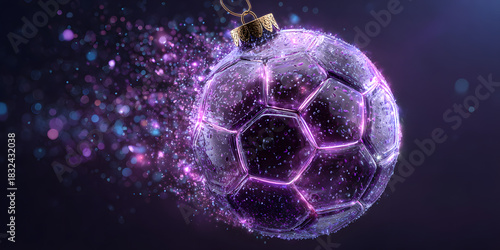 Football or Soccer Christmas and New Year sport banner. Merry Christmas tech greeting card with xmas ball as a bauble on purple neon background. Vector illustration