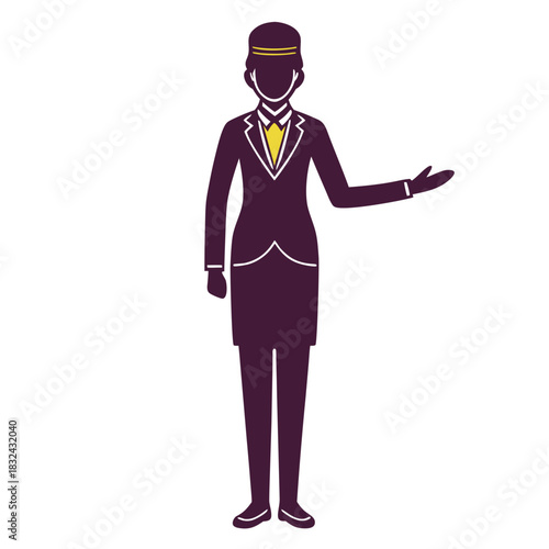Service with Elegance: An elegant bellhop stands in a smart uniform, extends an arm, offering welcoming assistance, a symbol of exceptional hospitality and service.