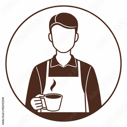 Barista with Beverage: A barista, impeccably attired, holds a steaming beverage in a classic mug within a circular frame, presenting an elegant and inviting visual.