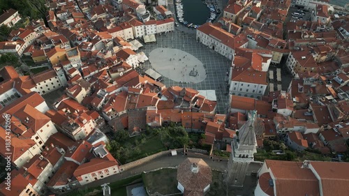 Aerial perspective of historic center of Piran, a coastal town nestled in southern Slovenija.