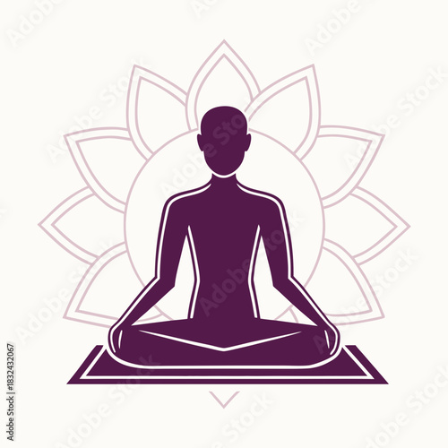 Serene Meditation Pose: A silhouette of a person in a cross-legged meditative posture, symbolizing tranquility and inner peace, set against a backdrop of a lotus flower.