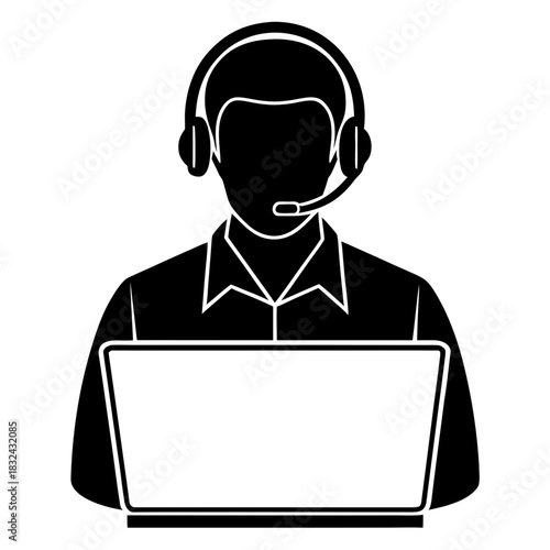 Digital Assistance Support: A silhouette depicts a support professional providing assistance through a headset, symbolizing tech support, communication, and digital aid.