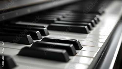 octet. Close-up of piano keys in black and white pattern, elegant musical instrument detail. lifestyle magazines, social media lookbooks, designed for influencer and brand collaborations.