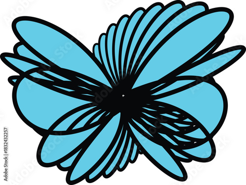The image presents a captivating surreal flower design characterized by its vibrant turquoise petals, each defined by bold black outlines.