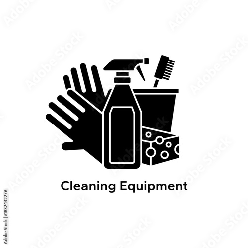 Cleaning equipment icon set. Cleaning supplies, tools, services, store, hardware, home, shop, household, label, logo, badge, sign, symbol, banner, black, line, flat vector, isolated illustration.