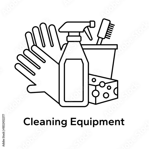 Cleaning equipment icon set. Cleaning supplies, tools, services, store, hardware, home, shop, household, label, logo, badge, sign, symbol, banner, black, line, flat vector, isolated illustration.