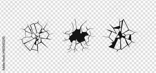 Realistic black cracked glass or hole vector set on transparent background. Set of three smash impact crack destruction vector effect designs