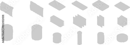 The image presents a structured arrangement of fifteen gray isometric shapes organized into three distinct rows, each showcasing a variety of geometric forms.