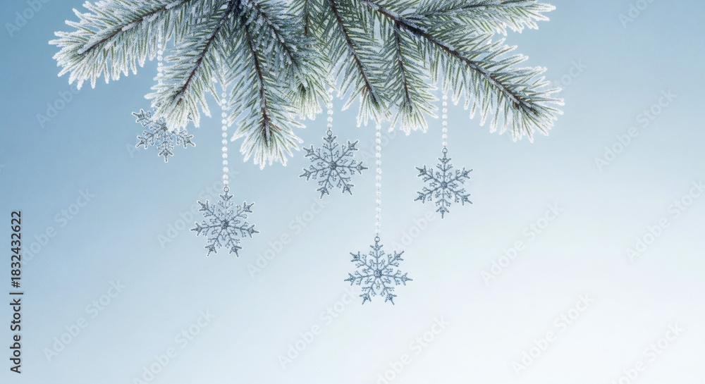 Fototapeta premium Beautifully frosted evergreen branch adorned with sparkling delicate snowflakes against a serene blue winter sky, perfect for holiday greetings and seasonal designs.