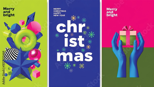 A set of three contemporary Christmas posters uses striking neon green, deep blue, and magenta colors with 3D geometric elements and stylized text for a modern holiday greeting.