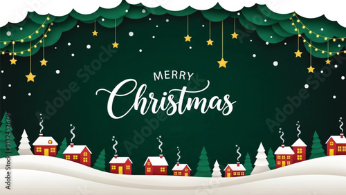 A charming vector graphic depicts a winter wonderland setting with small, illuminated red houses nestled in deep snowdrifts beneath dark green pine trees, creating a cozy holiday atmosphere.