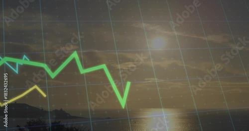 Sun nearing horizon starting lines entering green rising wavering cyan,yellow drifting for insights