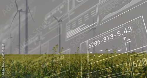 Faint schematic intensifying, wind turbines rotating while data panels cascading to monitor power