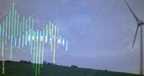 Left bars showing, driving chart rising, changing while turbine entering right, rotating, for power