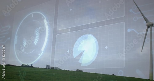 Wind gust activating HUD, pie cycling and meter rotating as turbine hub spinning showing power flow