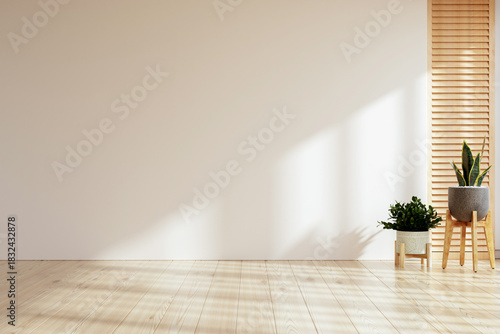 Modern minimalist interior with natural wooden floor and wall panels, decorated with green potted plants in sunlight- 3D rendering