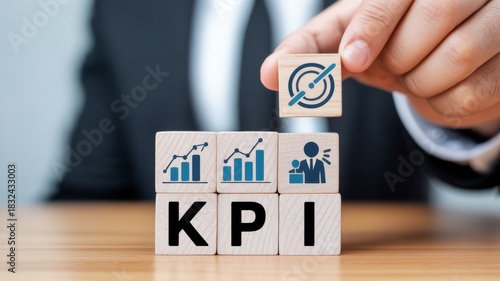 Business placing a small, stack of other wooden blocks.performance meter engraved on it, with an adjacent cube displaying.