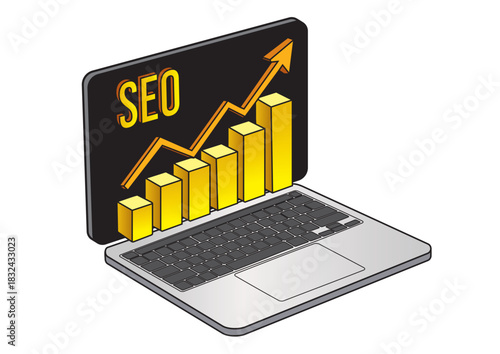 Laptop screen illustrating SEO growth with ascending yellow bar chart and SEO text emphasizing digital marketing strategies and success.
