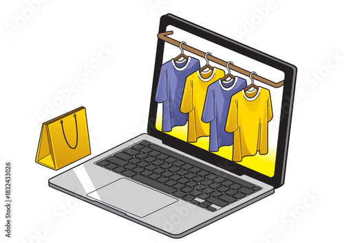 Laptop screen showcasing various colorful t-shirts hanging neatly on a virtual rack alongside a shopping bag symbolizing online shopping experience.
